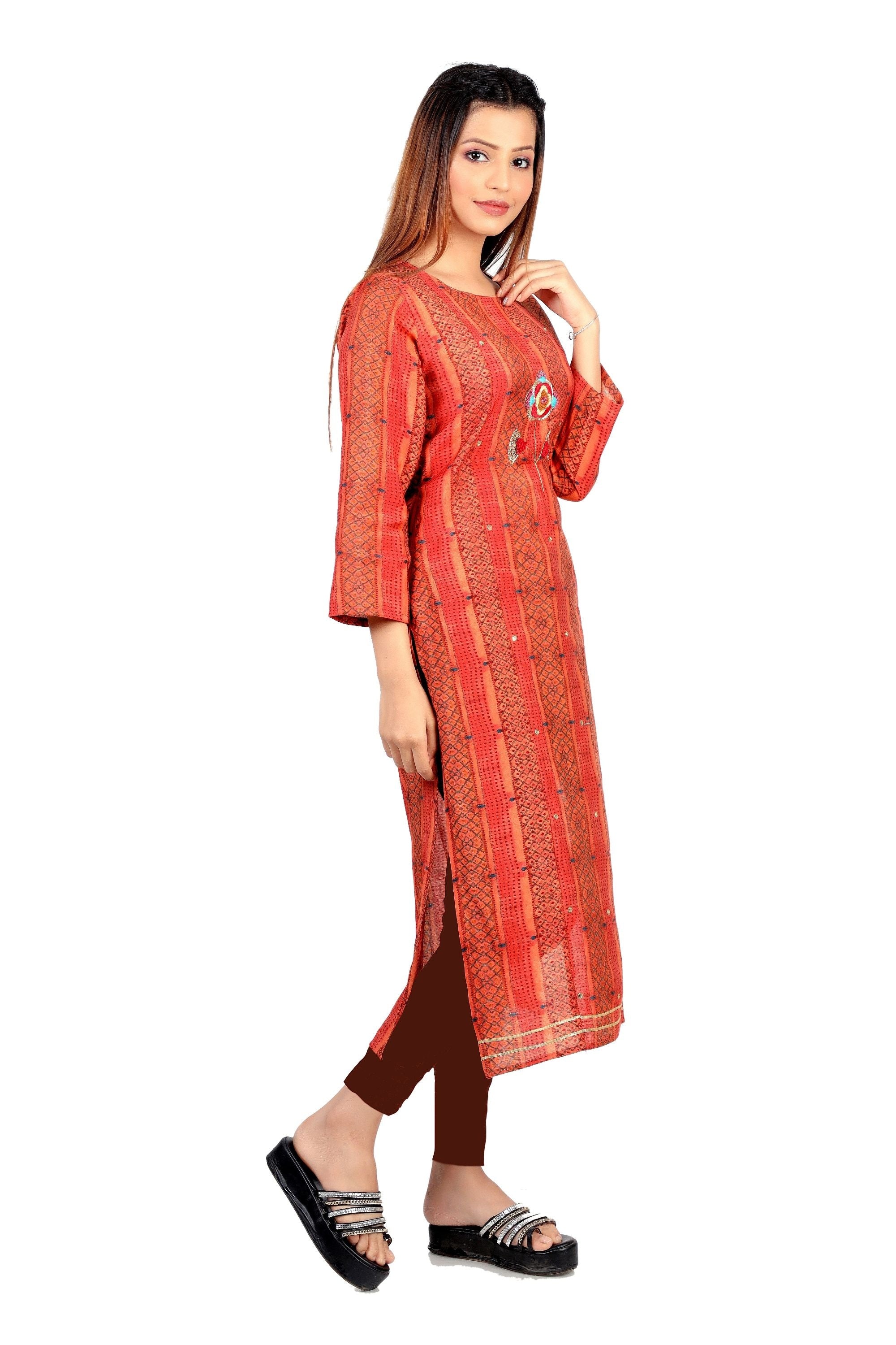 Artistic Red Color Modal Dot Print Full Slevees Simple Kurti