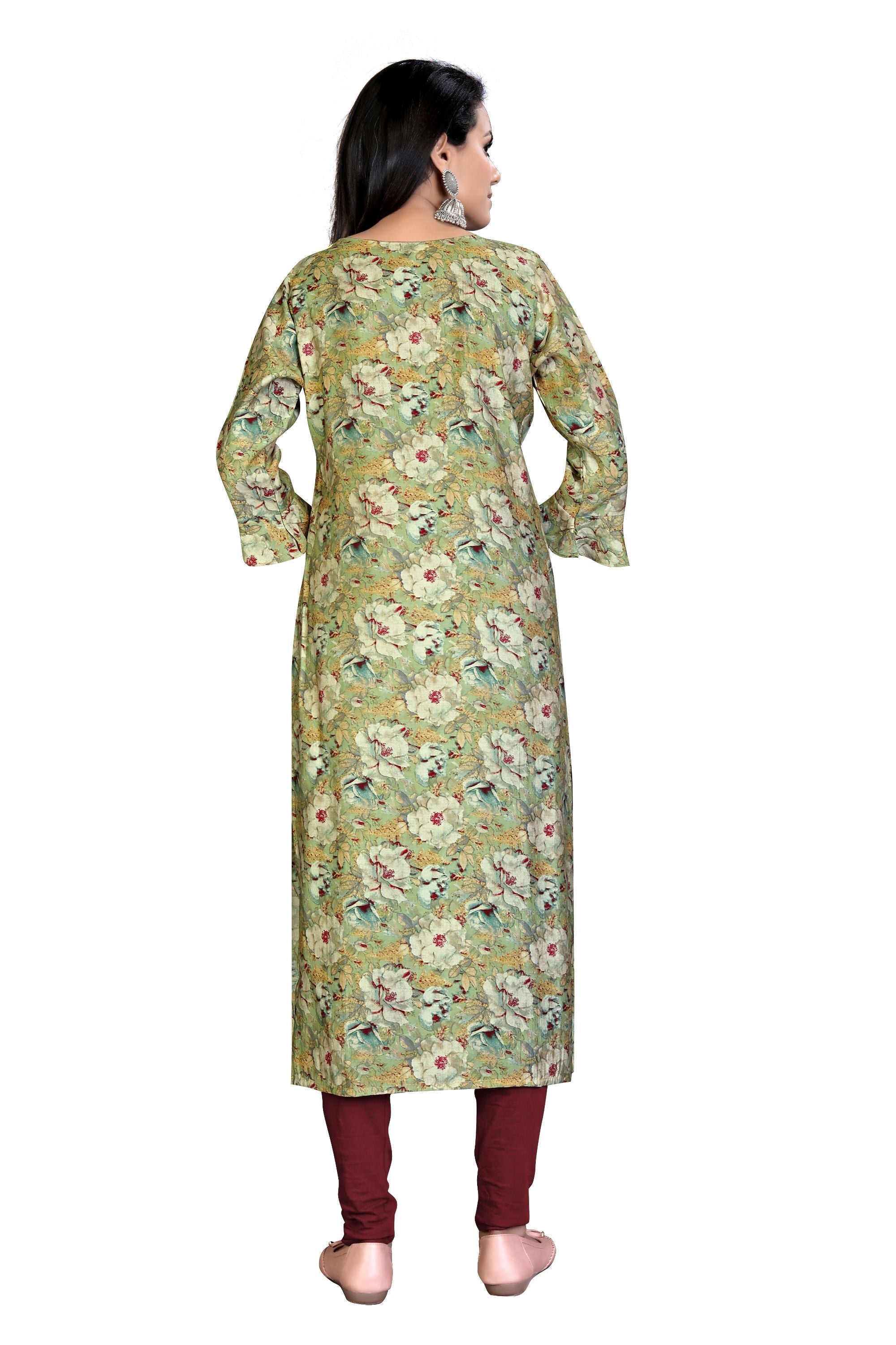 Alluring Green Color Modal Floral Print Round Neck Fancy Kurti