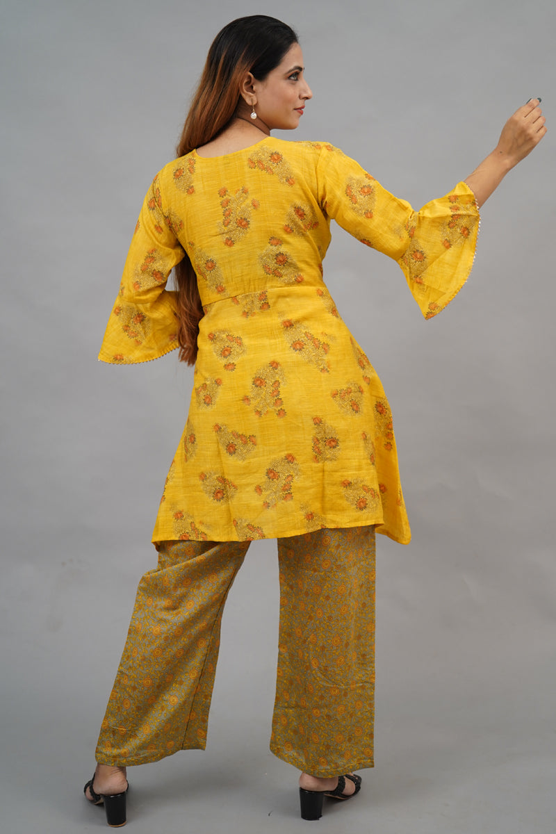Pretty Yellow Color Sentosa Modal Print Angarkha Style Designer Kurti With Floral Print Bottom