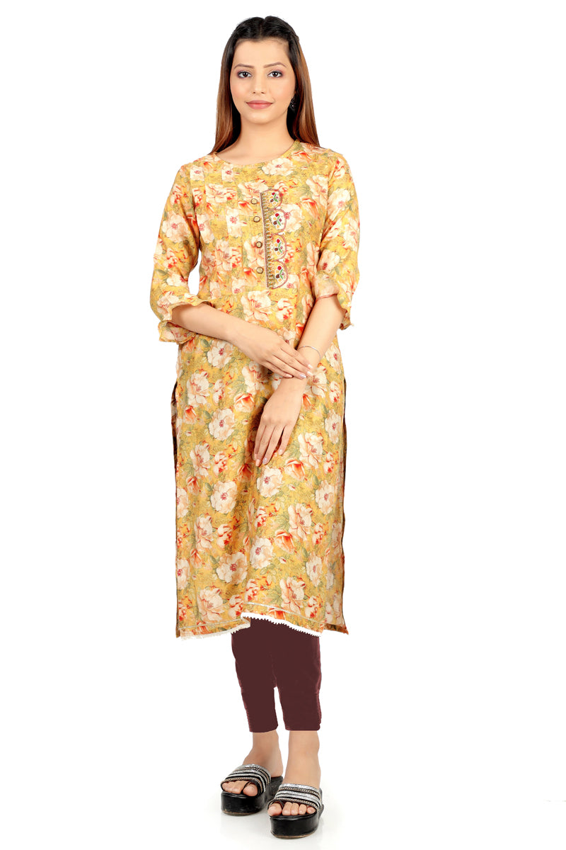 Beautiful Yellow Color Modal Floral Print Round Neck Fancy Kurti