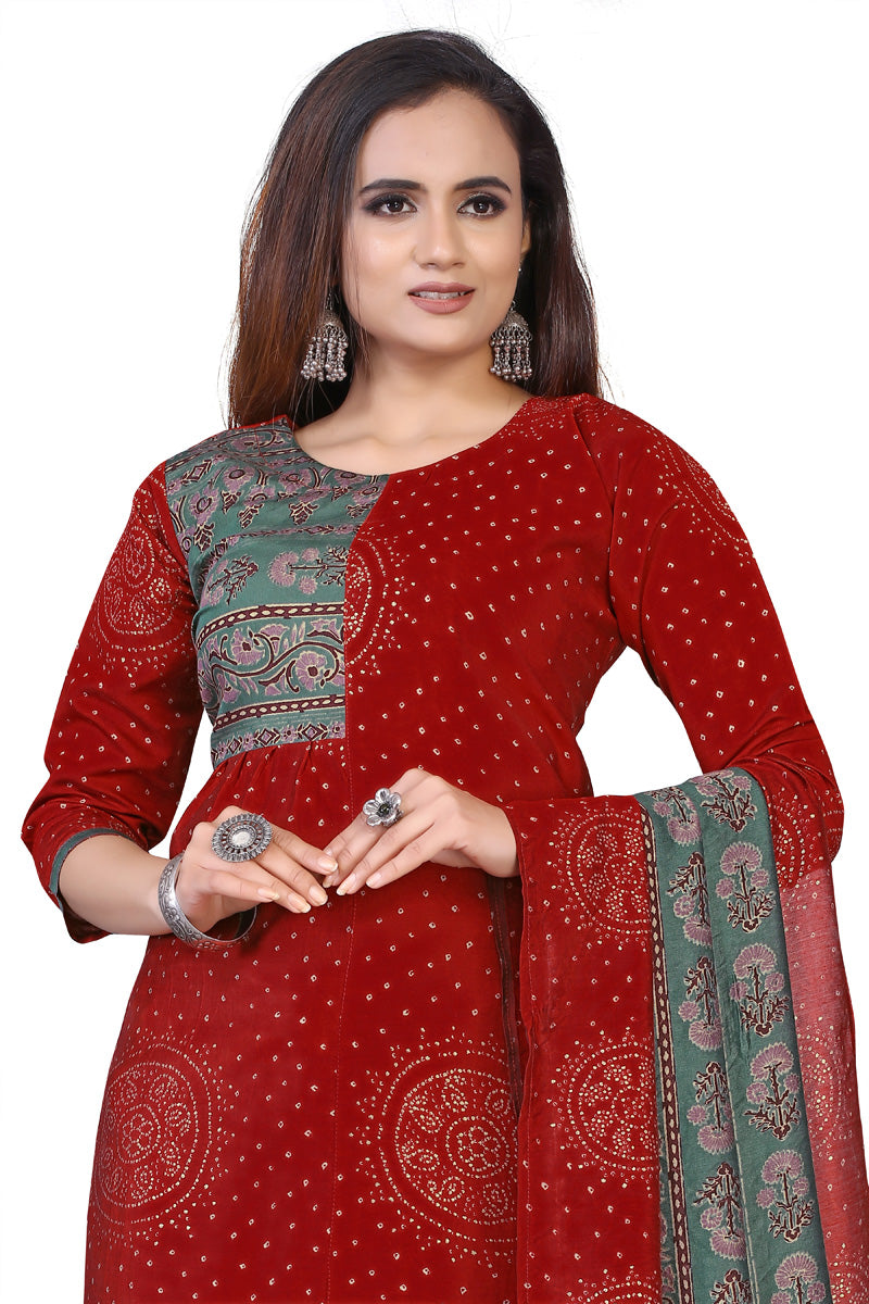 Red Color Modal Foil Bandhani Print Kurti With Floral Print Dupatta