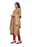 Woman modeling a beige cotton printed kurti with dupatta