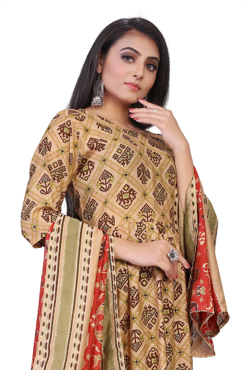 Beige printed cotton kurti suit with dupatta on a woman