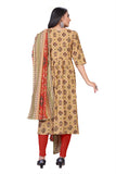 Model showcasing a beige printed kurti suit with red pants and dupatta