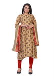 Female wearing a beige ethnic printed kurti made of cotton with a dupatta
