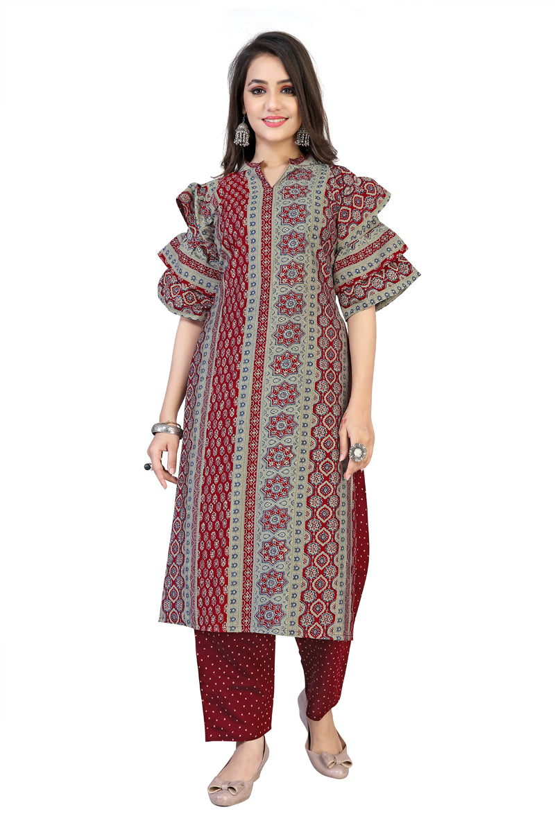 Maroon And Grey Color Modal Foil Ethnic Print Straight Cut Kurti With Bottom