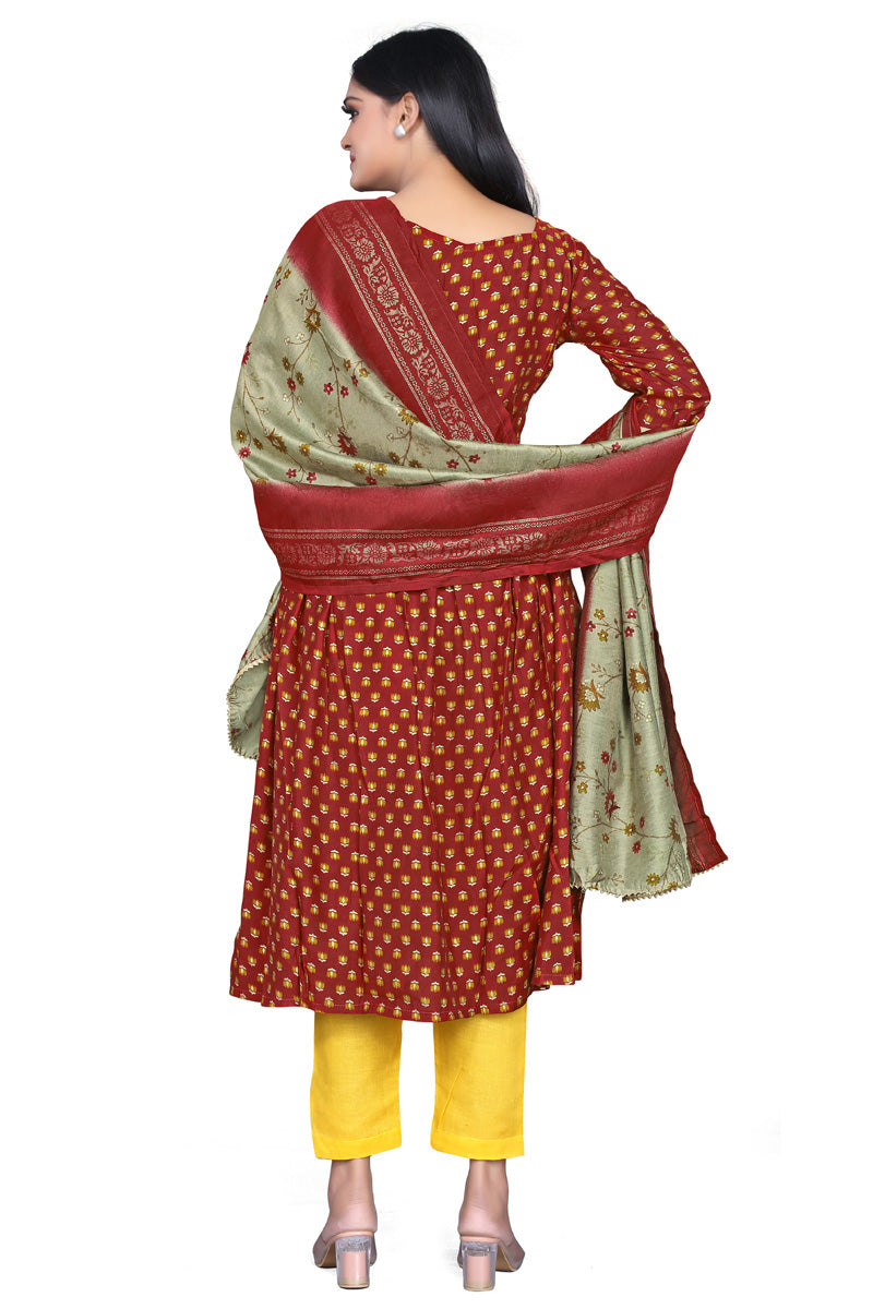 Maroon Color Modal Foil Print Sweet Heart Neck Kurti With Floral Dupatta