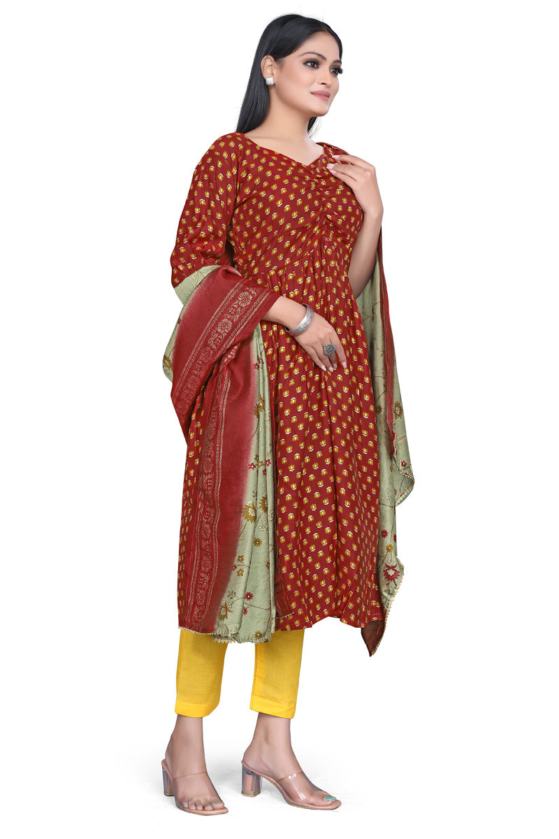 Maroon Color Modal Foil Print Sweet Heart Neck Kurti With Floral Dupatta