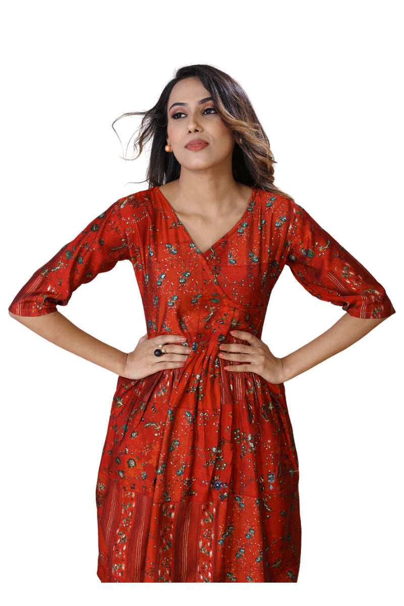 Red Modal Foil Print V Neck Kurti With Floral Print Palazzo