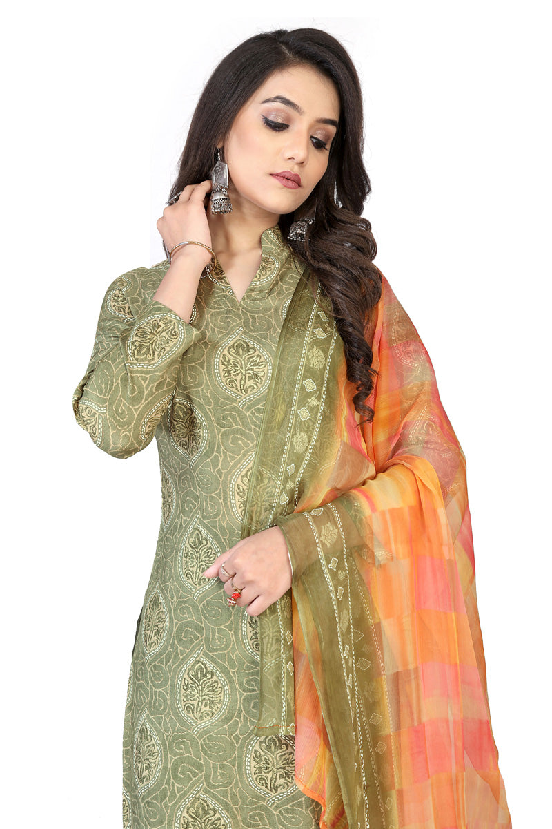 Olive Green Color Cotton Printed Kurti With Dupatta